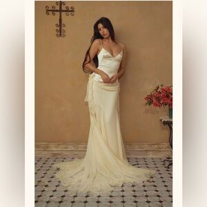 Elegant Ivory Satin Slip Gown with Draped Skirt